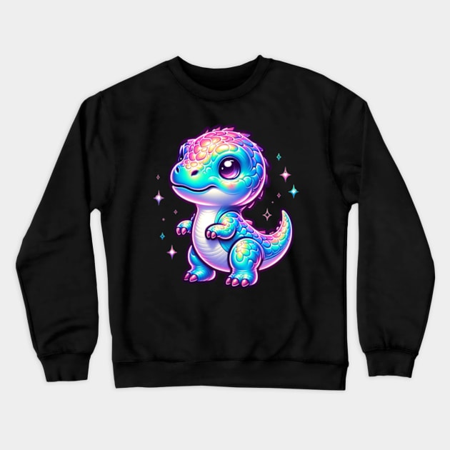 Chibi Baby Dino Neon Holographic Colorful Kawaii Crewneck Sweatshirt by Lavender Celeste